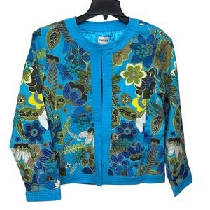 Chicos Jacket‎ Beads Metallic Thread Blue Floral Pockets Lined WOMENS SIZE 1 M